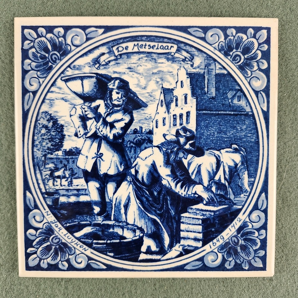 Blue Delft Holland Ceramic‎ Transfer Appliques Metselaar 6" Tile N. Joh. Luyken